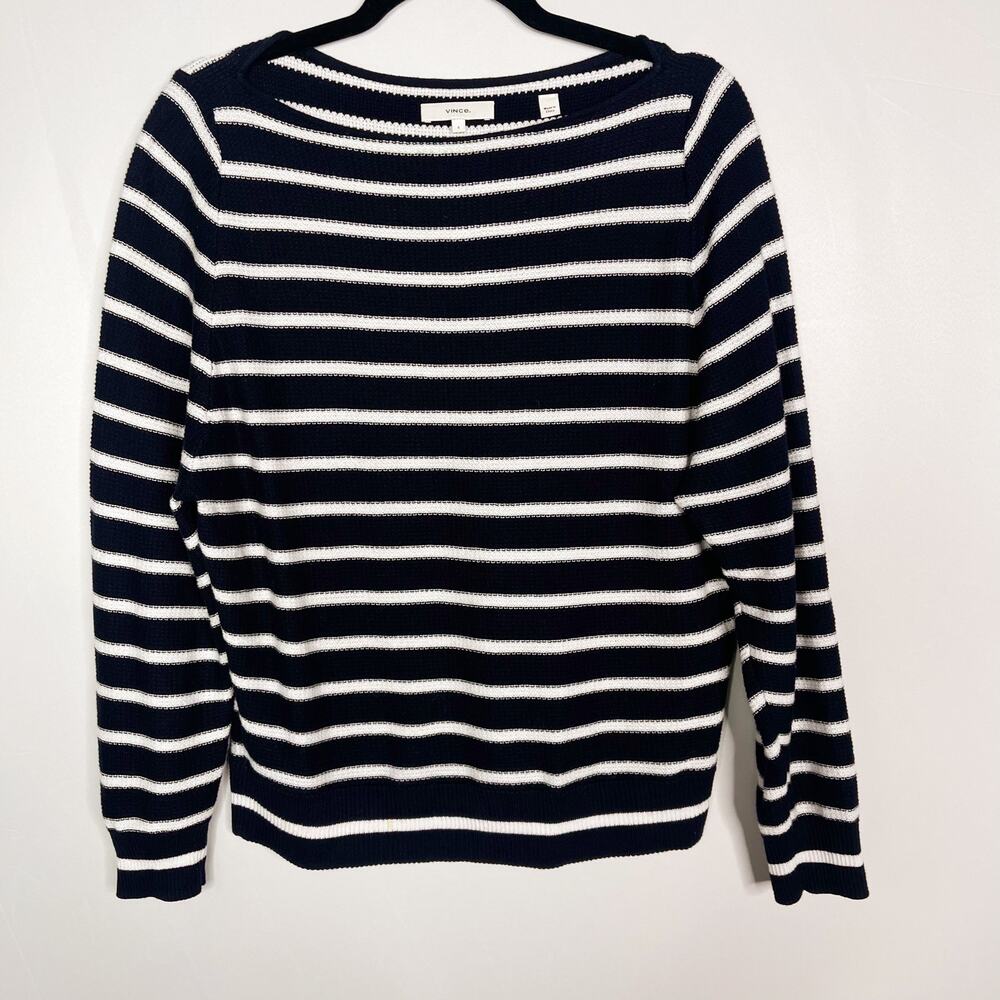 Vince Womens Small S Navy Blue White Striped Waffle Knit Pullover Sweater Cotton